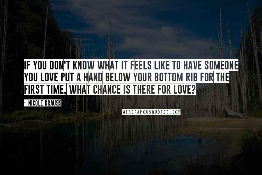 Nicole Krauss Quotes: If you don't know what it feels like to have someone you love put a hand below your bottom rib for the first time, what chance is there for love?