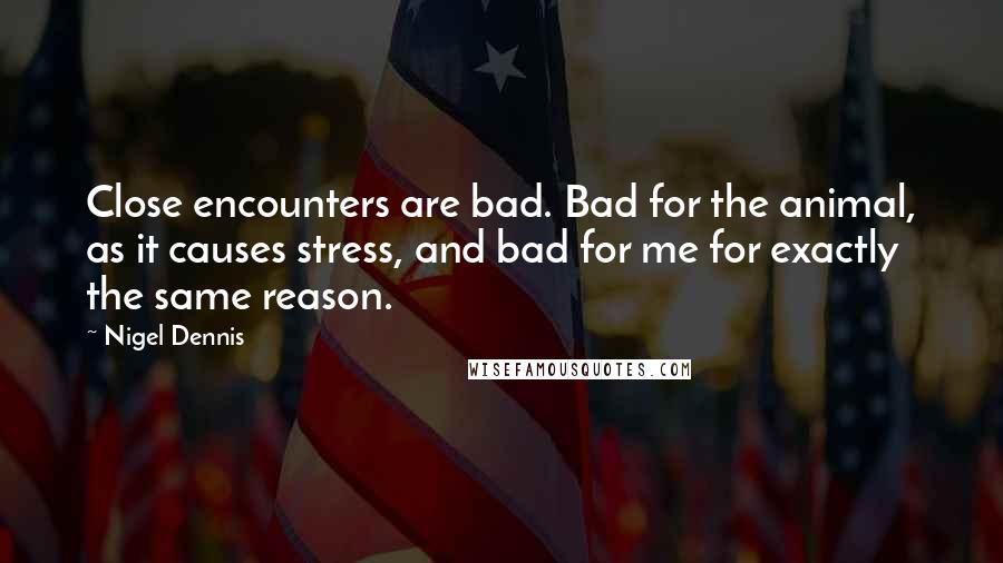 Nigel Dennis Quotes: Close encounters are bad. Bad for the animal, as it causes stress, and bad for me for exactly the same reason.