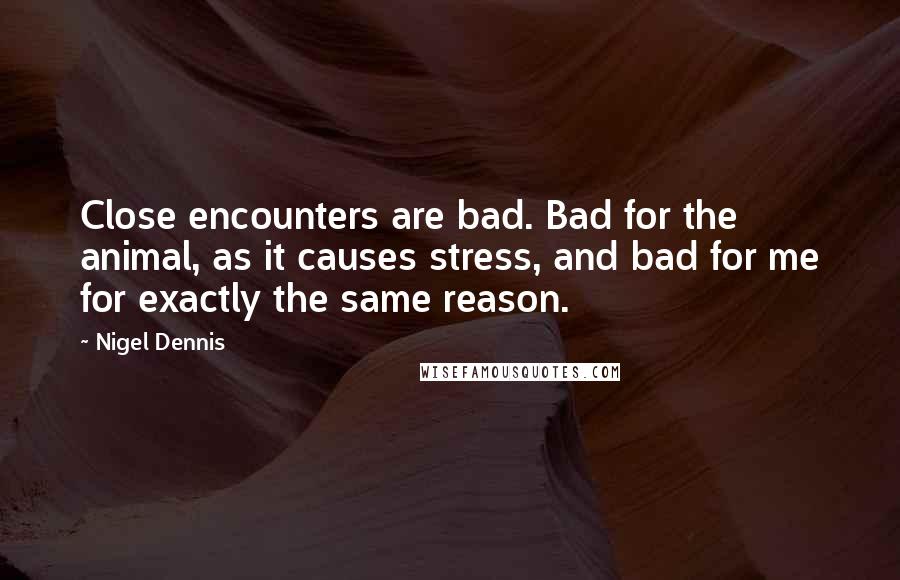 Nigel Dennis Quotes: Close encounters are bad. Bad for the animal, as it causes stress, and bad for me for exactly the same reason.