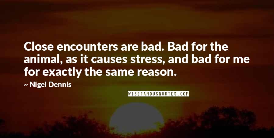 Nigel Dennis Quotes: Close encounters are bad. Bad for the animal, as it causes stress, and bad for me for exactly the same reason.