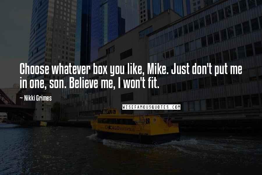 Nikki Grimes Quotes: Choose whatever box you like, Mike. Just don't put me in one, son. Believe me, I won't fit.