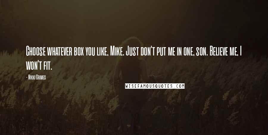 Nikki Grimes Quotes: Choose whatever box you like, Mike. Just don't put me in one, son. Believe me, I won't fit.