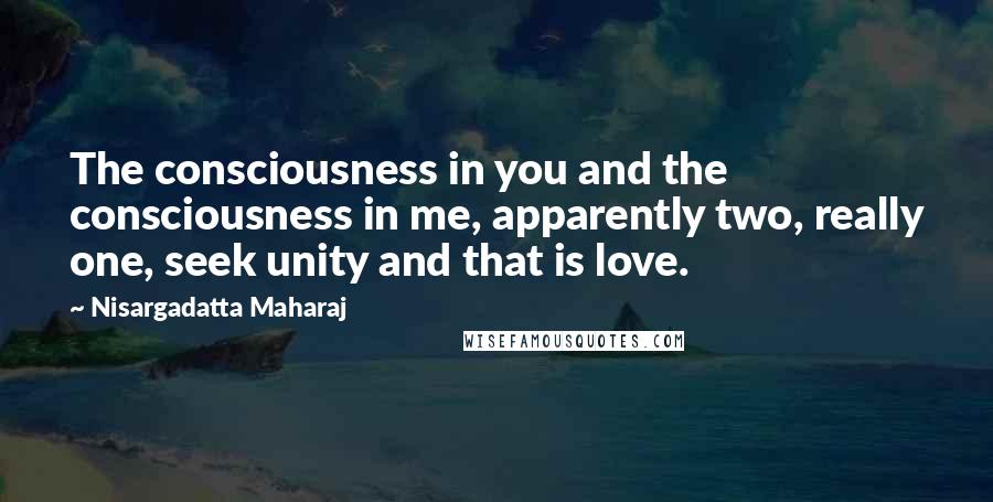 Nisargadatta Maharaj Quotes: The consciousness in you and the consciousness in me, apparently two, really one, seek unity and that is love.