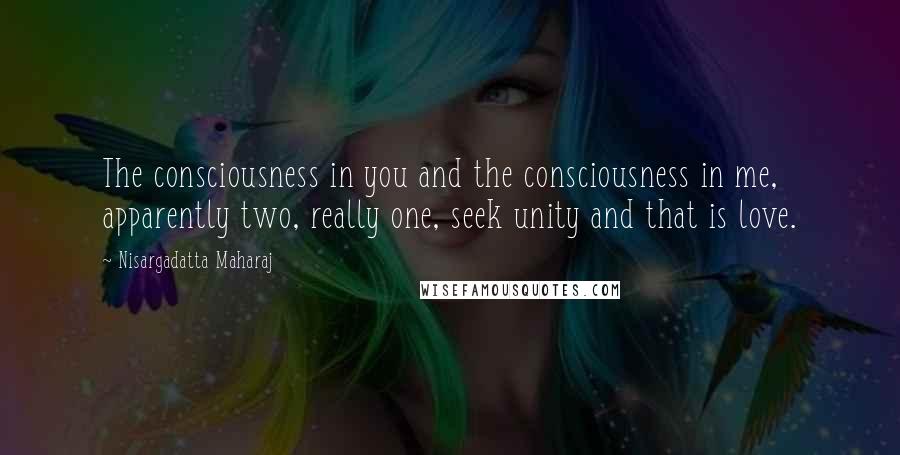 Nisargadatta Maharaj Quotes: The consciousness in you and the consciousness in me, apparently two, really one, seek unity and that is love.