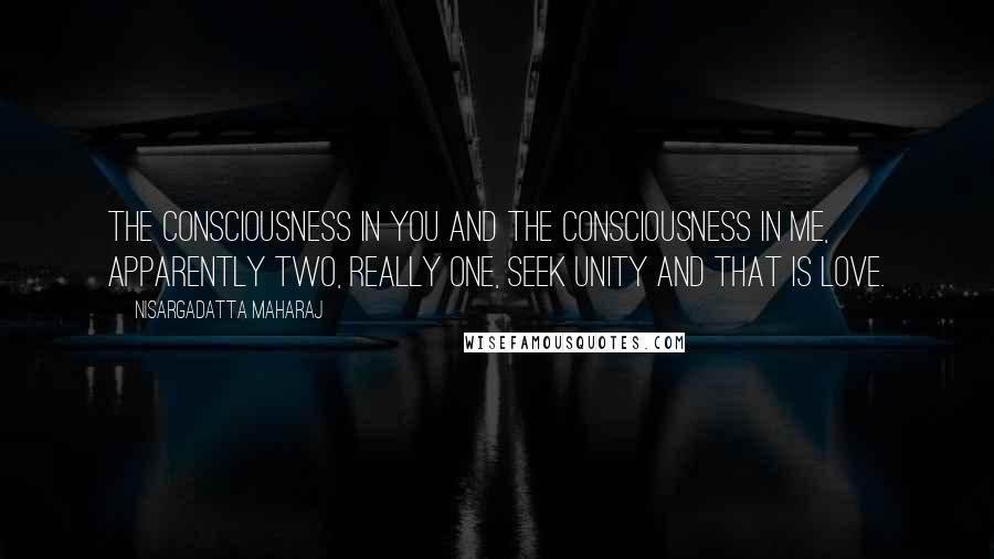 Nisargadatta Maharaj Quotes: The consciousness in you and the consciousness in me, apparently two, really one, seek unity and that is love.