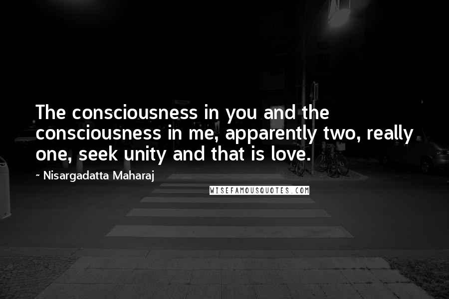 Nisargadatta Maharaj Quotes: The consciousness in you and the consciousness in me, apparently two, really one, seek unity and that is love.