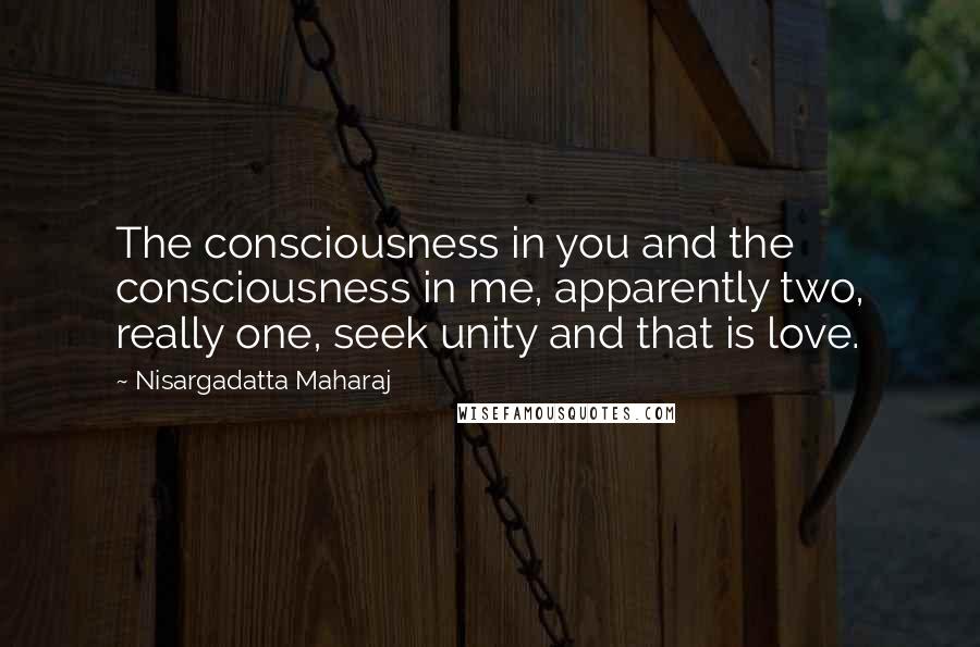 Nisargadatta Maharaj Quotes: The consciousness in you and the consciousness in me, apparently two, really one, seek unity and that is love.