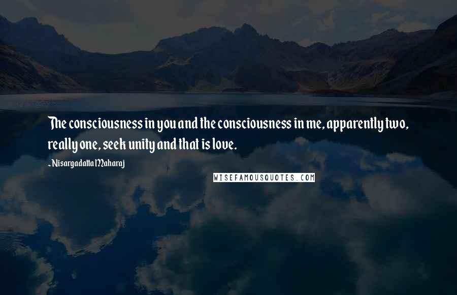 Nisargadatta Maharaj Quotes: The consciousness in you and the consciousness in me, apparently two, really one, seek unity and that is love.