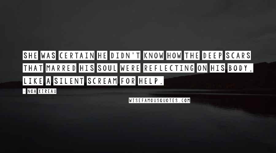 Noa Xireau Quotes: she was certain he didn't know how the deep scars that marred his soul were reflecting on his body, like a silent scream for help.