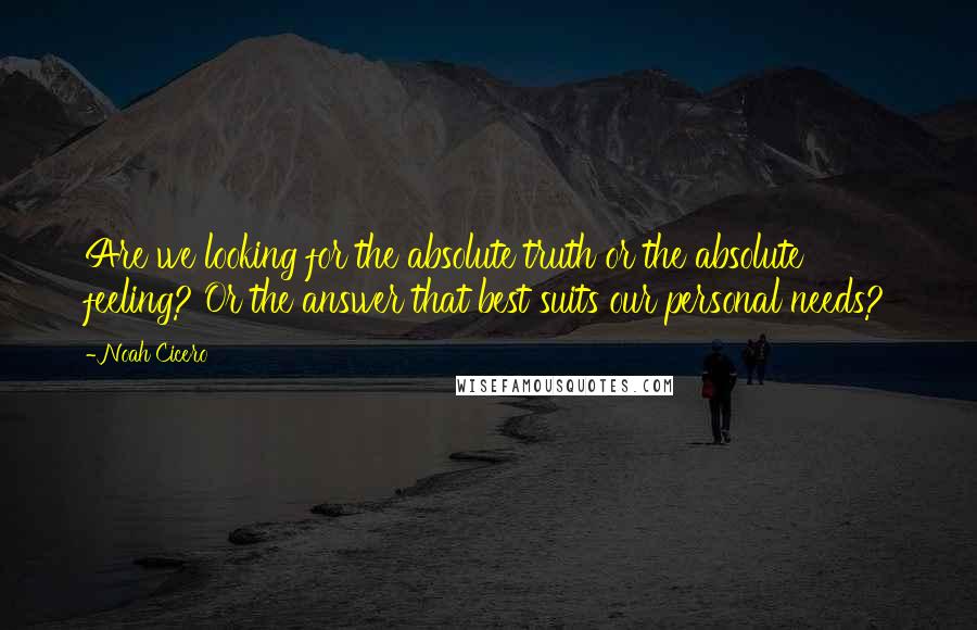 Noah Cicero Quotes: Are we looking for the absolute truth or the absolute feeling? Or the answer that best suits our personal needs?