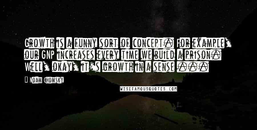 Noam Chomsky Quotes: Growth is a funny sort of concept. For example, our GNP increases every time we build a prison. Well, okay, it's growth in a sense ...