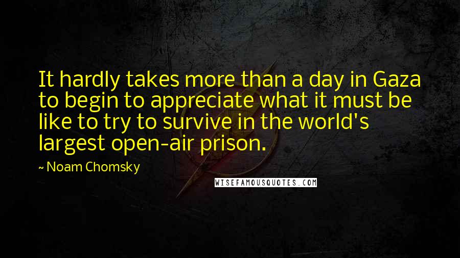 Noam Chomsky Quotes: It hardly takes more than a day in Gaza to begin to appreciate what it must be like to try to survive in the world's largest open-air prison.