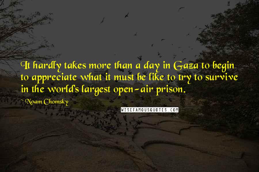 Noam Chomsky Quotes: It hardly takes more than a day in Gaza to begin to appreciate what it must be like to try to survive in the world's largest open-air prison.