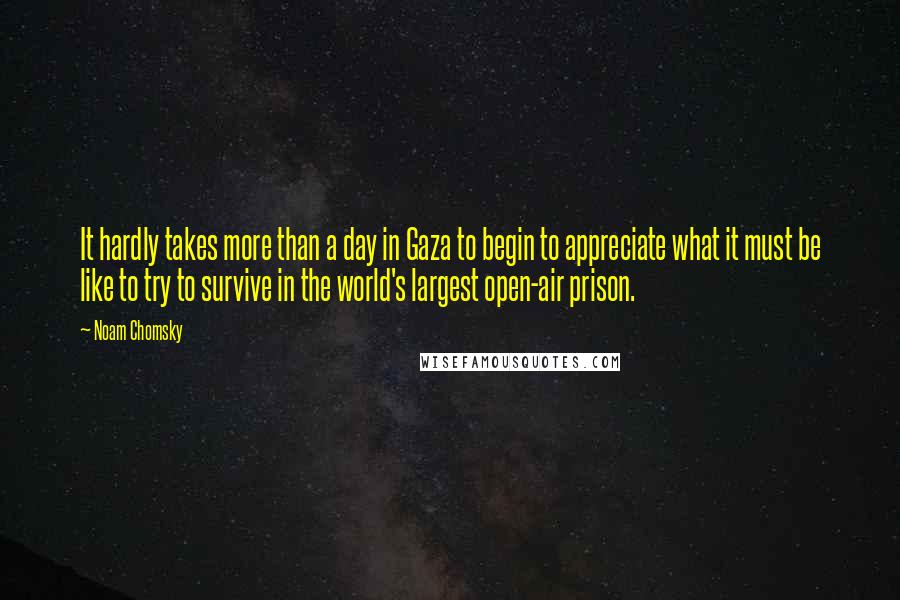 Noam Chomsky Quotes: It hardly takes more than a day in Gaza to begin to appreciate what it must be like to try to survive in the world's largest open-air prison.