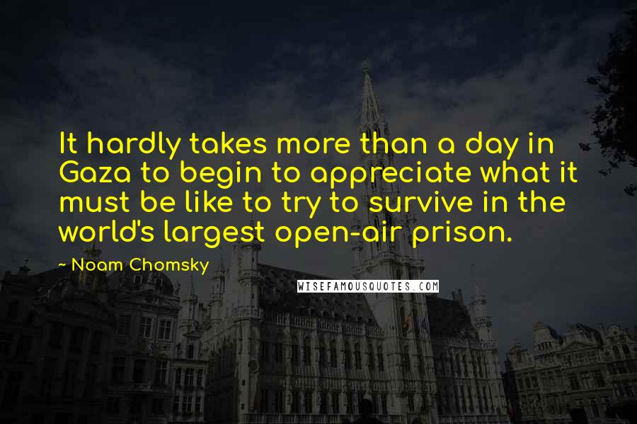 Noam Chomsky Quotes: It hardly takes more than a day in Gaza to begin to appreciate what it must be like to try to survive in the world's largest open-air prison.