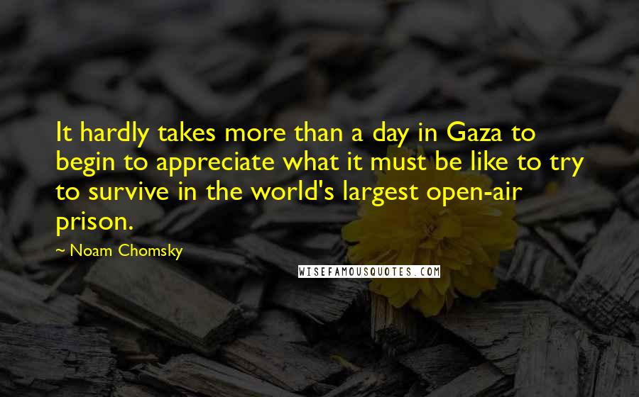 Noam Chomsky Quotes: It hardly takes more than a day in Gaza to begin to appreciate what it must be like to try to survive in the world's largest open-air prison.