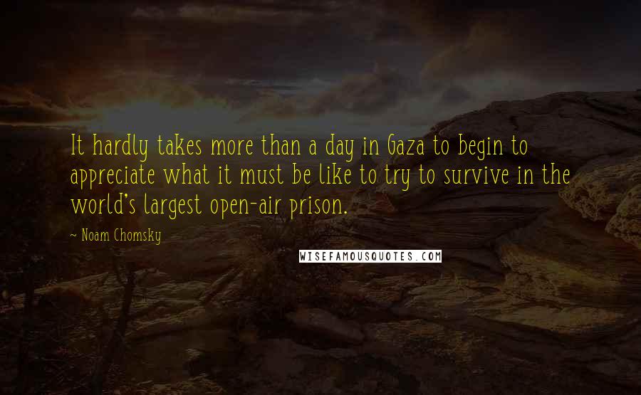 Noam Chomsky Quotes: It hardly takes more than a day in Gaza to begin to appreciate what it must be like to try to survive in the world's largest open-air prison.