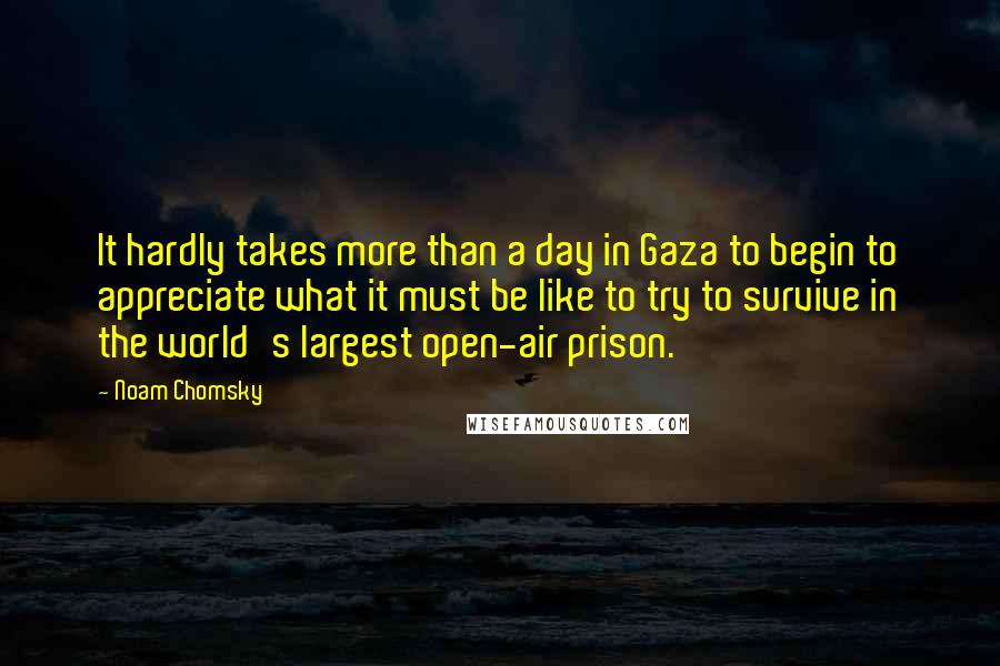 Noam Chomsky Quotes: It hardly takes more than a day in Gaza to begin to appreciate what it must be like to try to survive in the world's largest open-air prison.