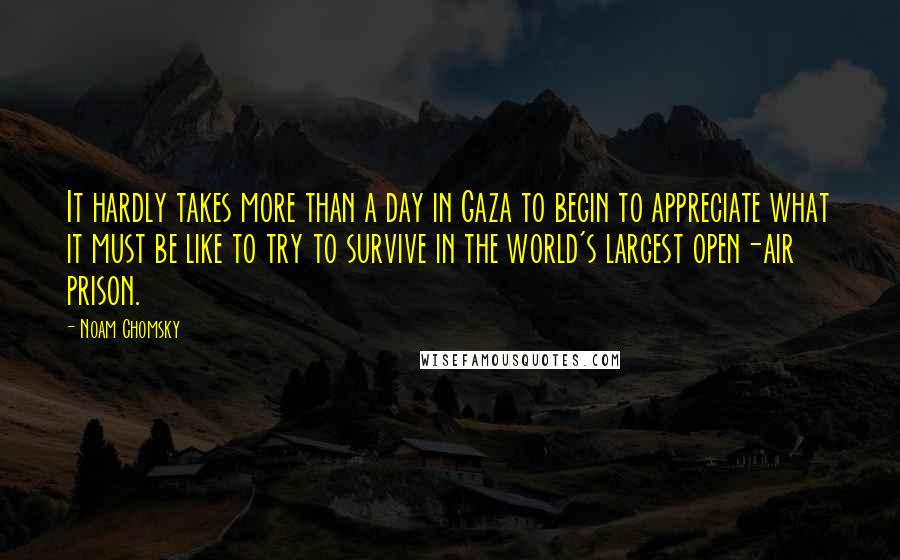 Noam Chomsky Quotes: It hardly takes more than a day in Gaza to begin to appreciate what it must be like to try to survive in the world's largest open-air prison.