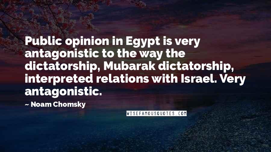 Noam Chomsky Quotes: Public opinion in Egypt is very antagonistic to the way the dictatorship, Mubarak dictatorship, interpreted relations with Israel. Very antagonistic.