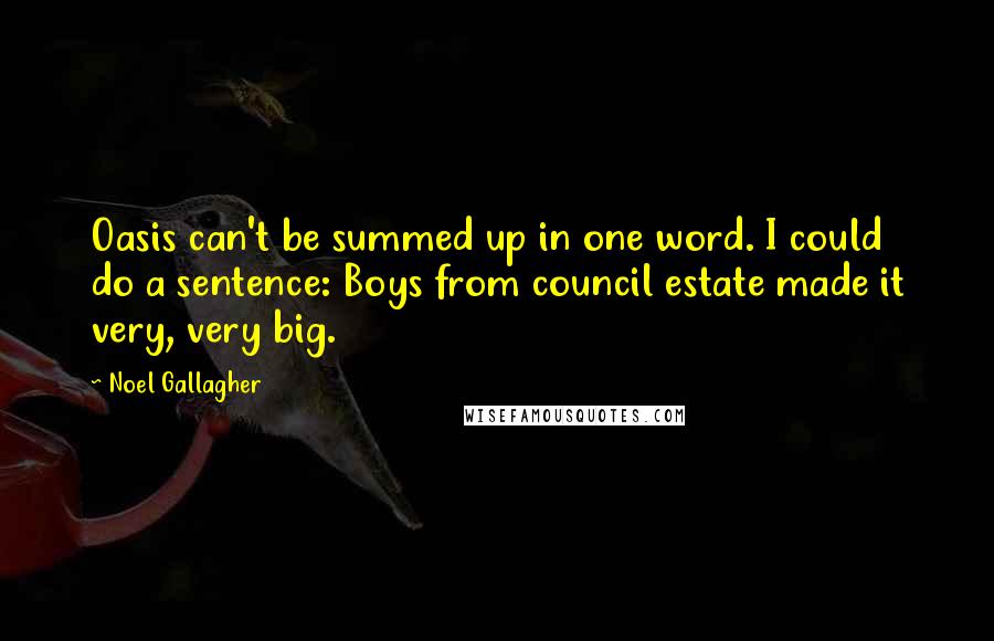 Noel Gallagher Quotes: Oasis can't be summed up in one word. I could do a sentence: Boys from council estate made it very, very big.