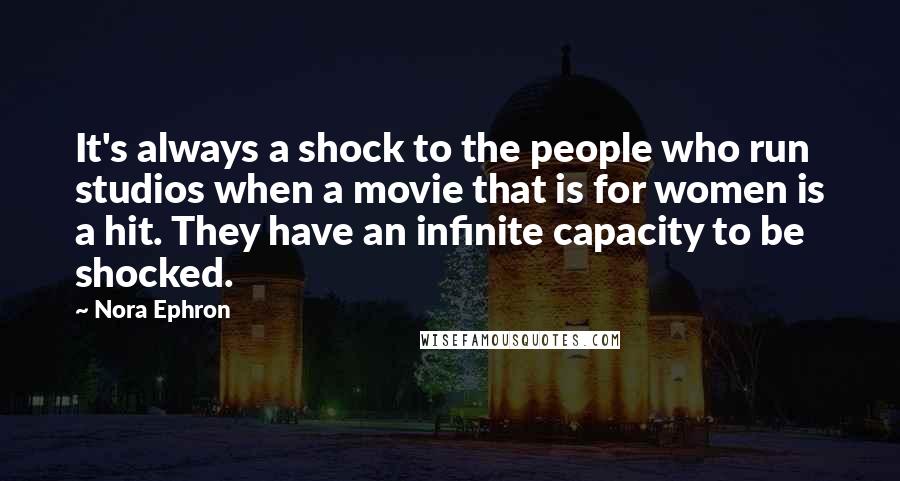 Nora Ephron Quotes: It's always a shock to the people who run studios when a movie that is for women is a hit. They have an infinite capacity to be shocked.