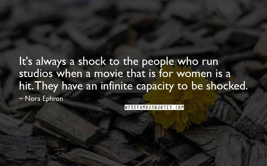 Nora Ephron Quotes: It's always a shock to the people who run studios when a movie that is for women is a hit. They have an infinite capacity to be shocked.