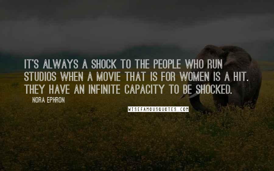 Nora Ephron Quotes: It's always a shock to the people who run studios when a movie that is for women is a hit. They have an infinite capacity to be shocked.