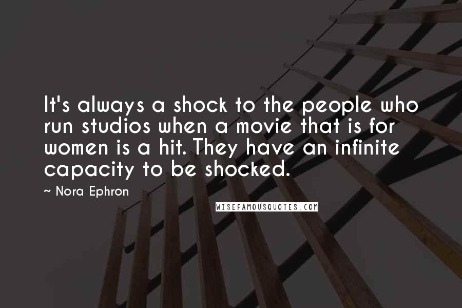 Nora Ephron Quotes: It's always a shock to the people who run studios when a movie that is for women is a hit. They have an infinite capacity to be shocked.