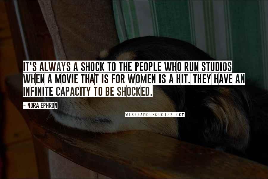 Nora Ephron Quotes: It's always a shock to the people who run studios when a movie that is for women is a hit. They have an infinite capacity to be shocked.