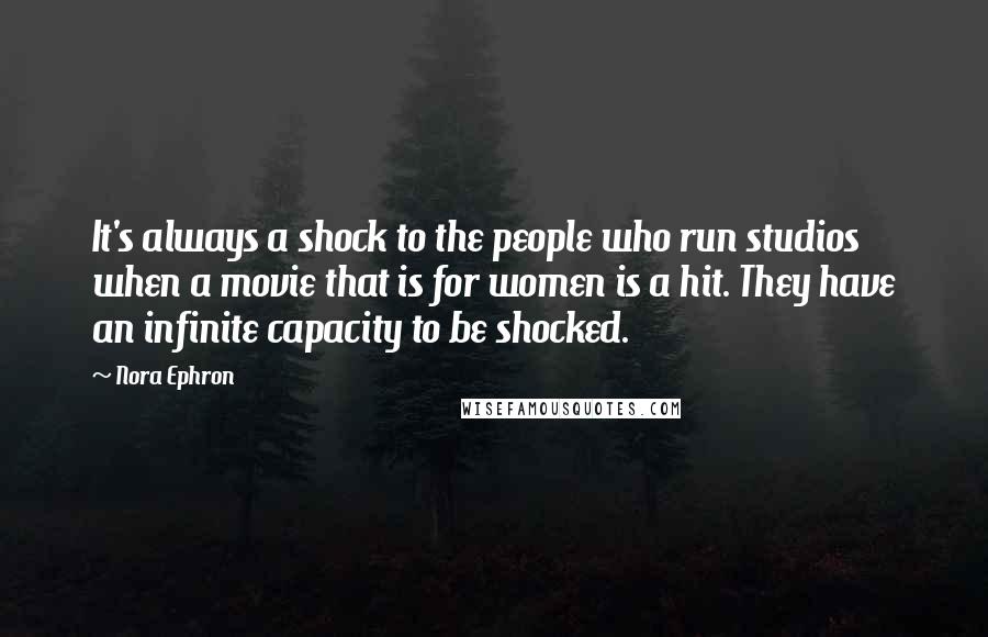 Nora Ephron Quotes: It's always a shock to the people who run studios when a movie that is for women is a hit. They have an infinite capacity to be shocked.