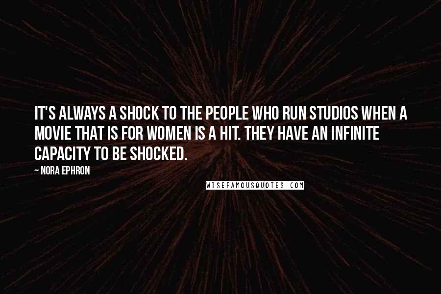 Nora Ephron Quotes: It's always a shock to the people who run studios when a movie that is for women is a hit. They have an infinite capacity to be shocked.