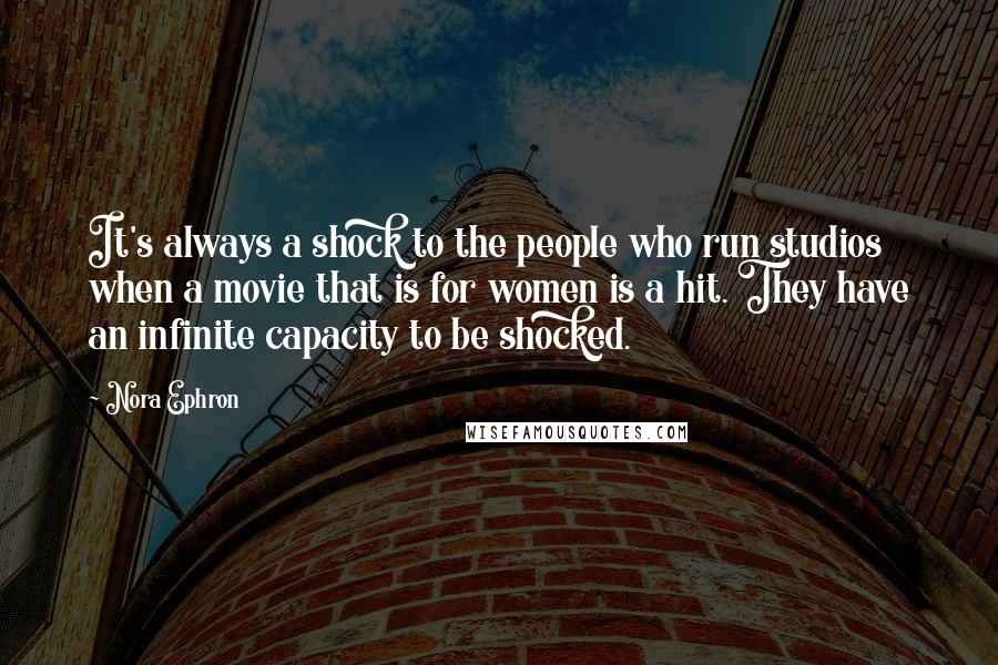 Nora Ephron Quotes: It's always a shock to the people who run studios when a movie that is for women is a hit. They have an infinite capacity to be shocked.