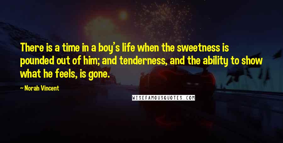 Norah Vincent Quotes: There is a time in a boy's life when the sweetness is pounded out of him; and tenderness, and the ability to show what he feels, is gone.