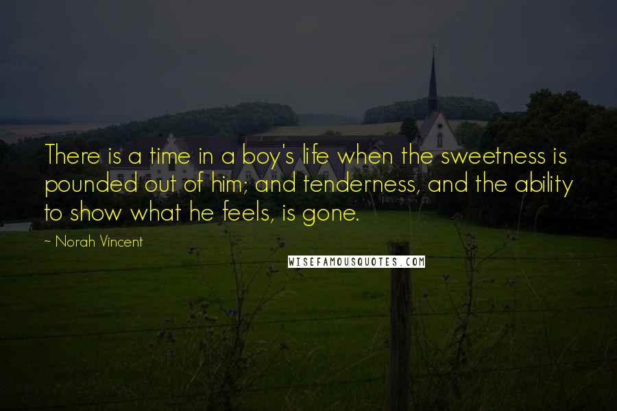 Norah Vincent Quotes: There is a time in a boy's life when the sweetness is pounded out of him; and tenderness, and the ability to show what he feels, is gone.