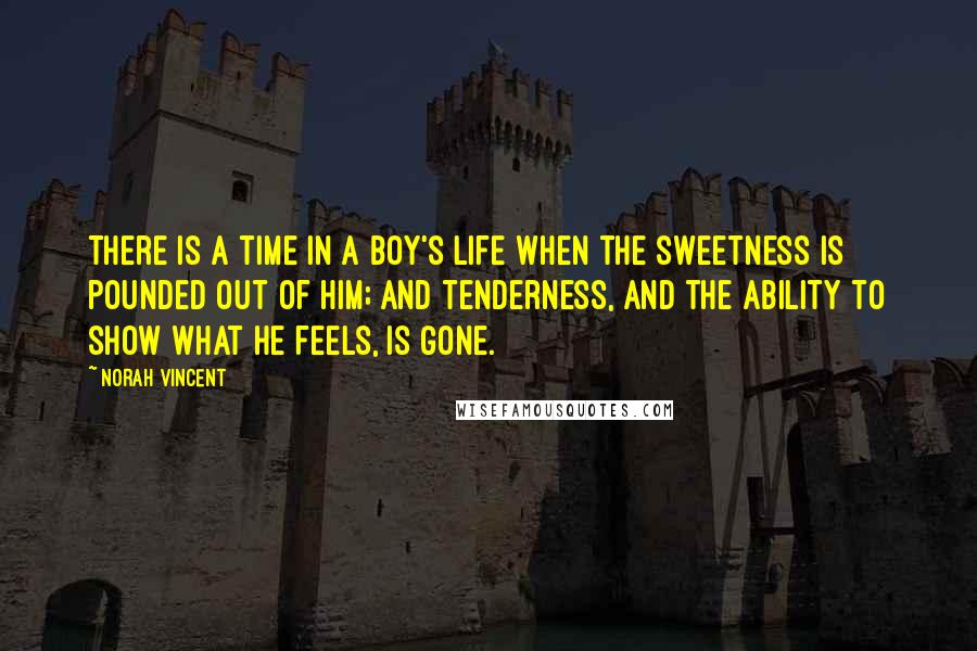 Norah Vincent Quotes: There is a time in a boy's life when the sweetness is pounded out of him; and tenderness, and the ability to show what he feels, is gone.