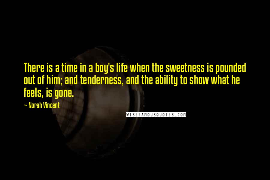 Norah Vincent Quotes: There is a time in a boy's life when the sweetness is pounded out of him; and tenderness, and the ability to show what he feels, is gone.