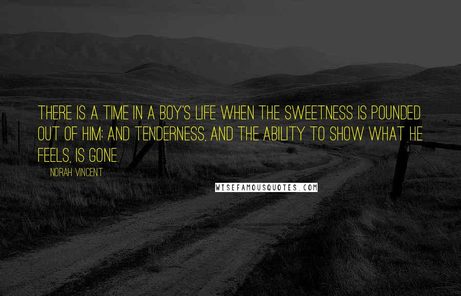 Norah Vincent Quotes: There is a time in a boy's life when the sweetness is pounded out of him; and tenderness, and the ability to show what he feels, is gone.
