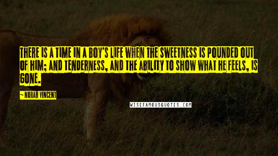 Norah Vincent Quotes: There is a time in a boy's life when the sweetness is pounded out of him; and tenderness, and the ability to show what he feels, is gone.