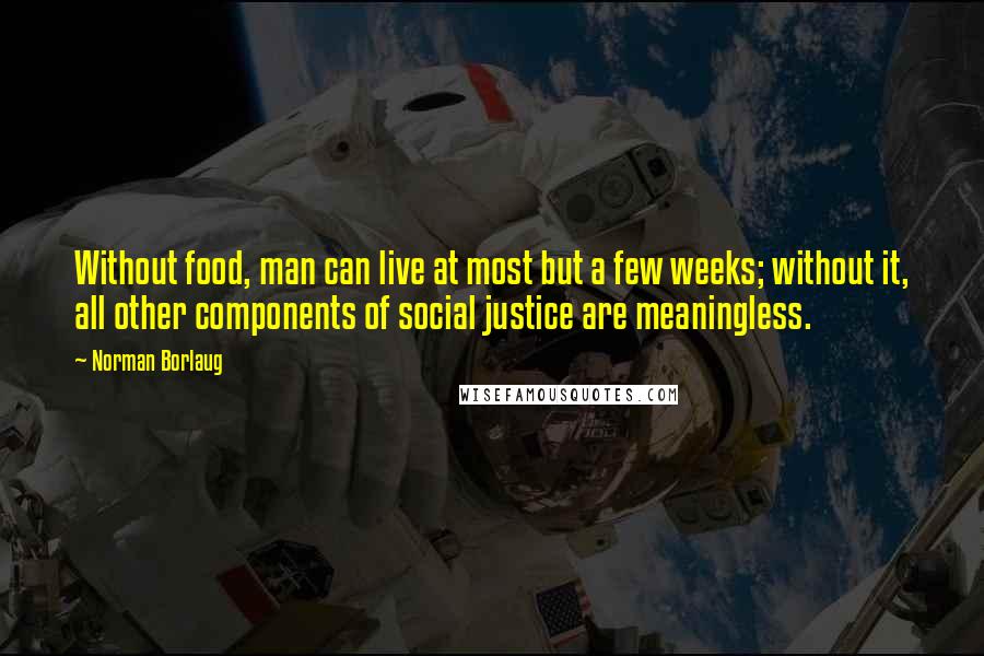 Norman Borlaug Quotes: Without food, man can live at most but a few weeks; without it, all other components of social justice are meaningless.