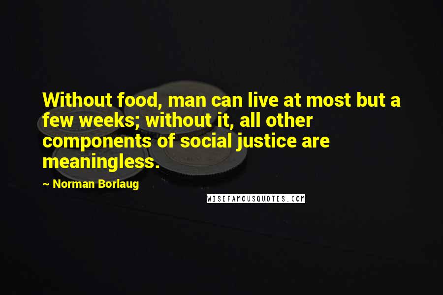 Norman Borlaug Quotes: Without food, man can live at most but a few weeks; without it, all other components of social justice are meaningless.