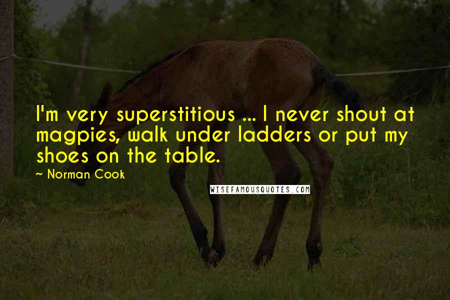 Norman Cook Quotes: I'm very superstitious ... I never shout at magpies, walk under ladders or put my shoes on the table.