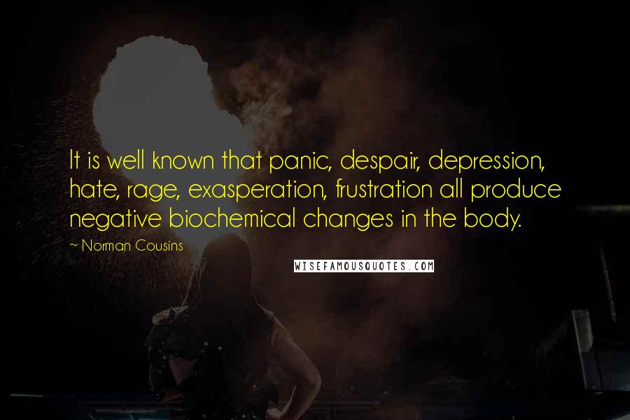 Norman Cousins Quotes: It is well known that panic, despair, depression, hate, rage, exasperation, frustration all produce negative biochemical changes in the body.