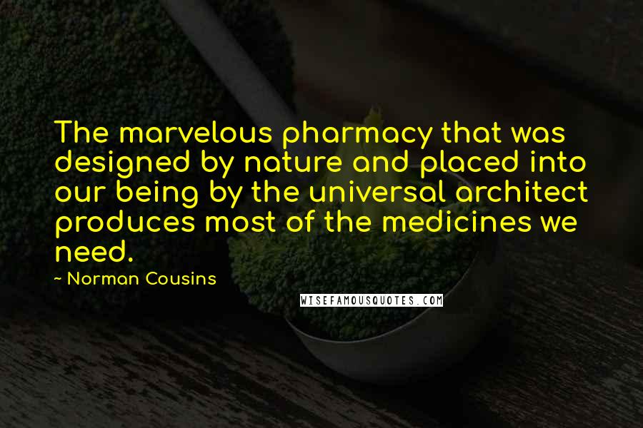 Norman Cousins Quotes: The marvelous pharmacy that was designed by nature and placed into our being by the universal architect produces most of the medicines we need.