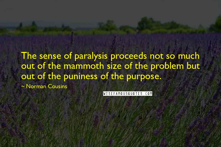 Norman Cousins Quotes: The sense of paralysis proceeds not so much out of the mammoth size of the problem but out of the puniness of the purpose.