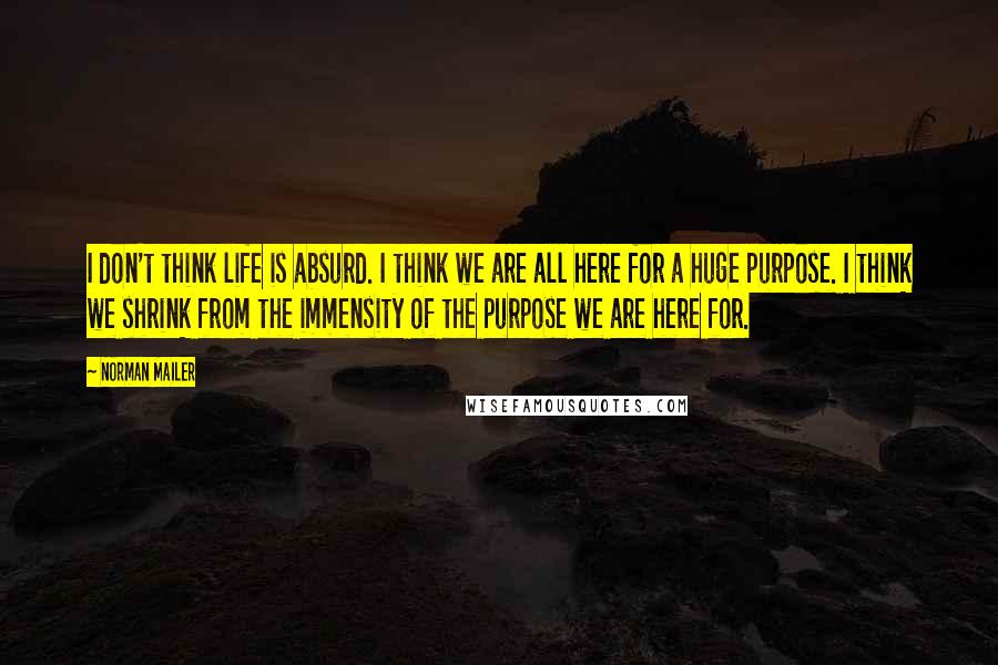 Norman Mailer Quotes: I don't think life is absurd. I think we are all here for a huge purpose. I think we shrink from the immensity of the purpose we are here for.