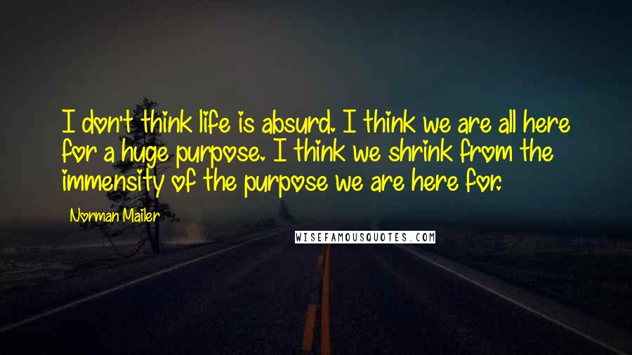 Norman Mailer Quotes: I don't think life is absurd. I think we are all here for a huge purpose. I think we shrink from the immensity of the purpose we are here for.