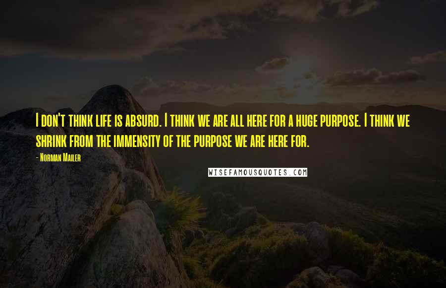 Norman Mailer Quotes: I don't think life is absurd. I think we are all here for a huge purpose. I think we shrink from the immensity of the purpose we are here for.