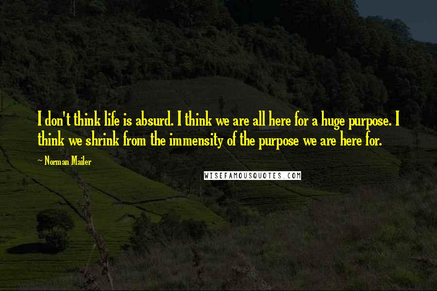 Norman Mailer Quotes: I don't think life is absurd. I think we are all here for a huge purpose. I think we shrink from the immensity of the purpose we are here for.