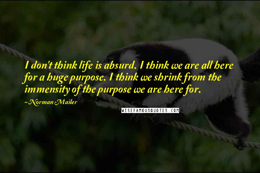 Norman Mailer Quotes: I don't think life is absurd. I think we are all here for a huge purpose. I think we shrink from the immensity of the purpose we are here for.